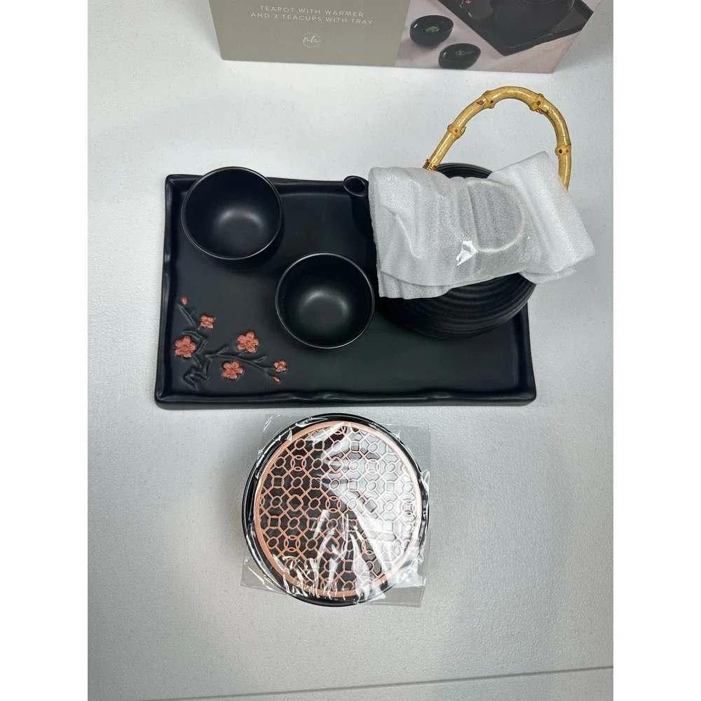 Maison Home Matte Black Ceramic Tea Set Teapot Warmer 2 Cups Tray Cherry Blossom